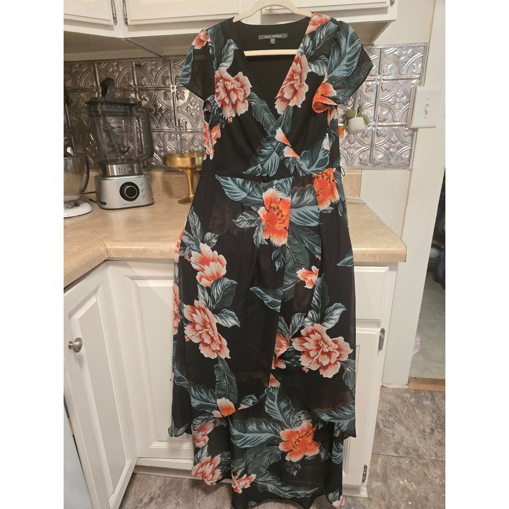 Julia Jordan Black Cap-Sleeve Foral Print High-Low Maxi Dress 6